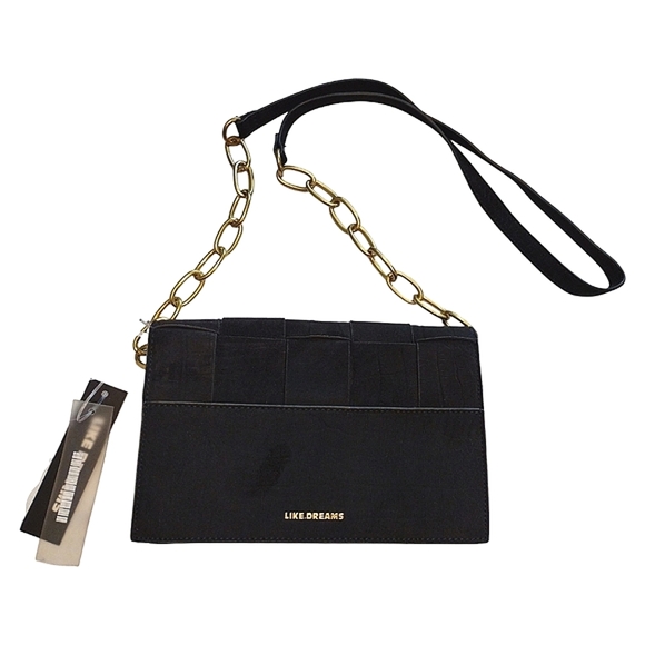 Like Dreams Faux Suede Crossbody Handbag, Black / Gold Trim & Chain Link, NWT - Picture 1 of 7